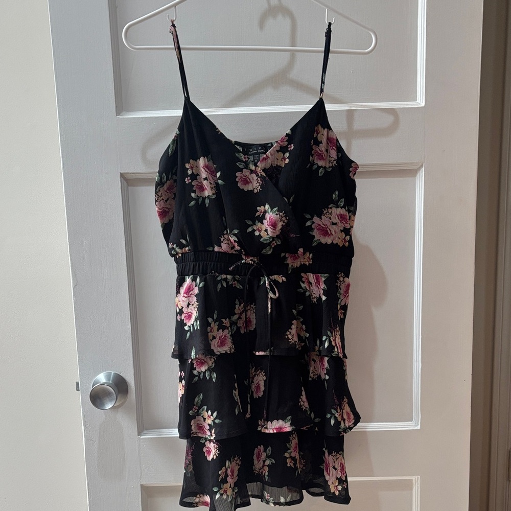 Trixxi Black Floral Wrap Mini with Pink and Cream Blooms